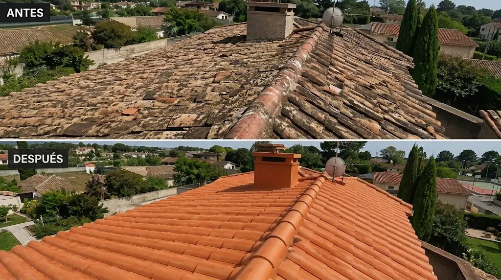 Cubierta de tejas antes y después de la limpieza, sellado y pintura