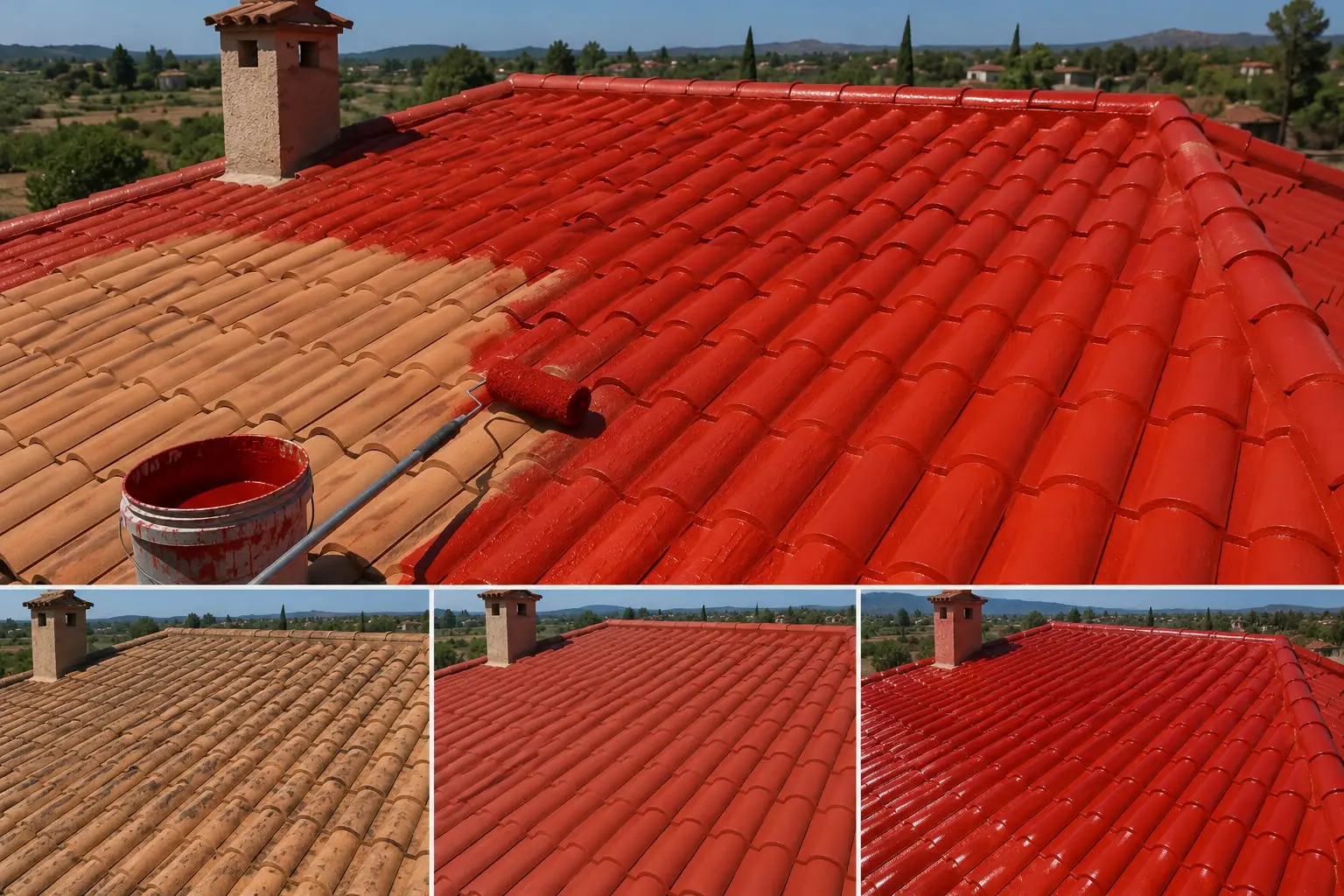 Aplicación de pintura roja sobre una cubierta de tejas